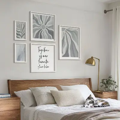 Set van moderne schilderijen met abstracte grijze en witte patronen