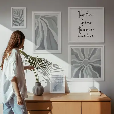 Set van moderne schilderijen met abstracte grijze en witte patronen