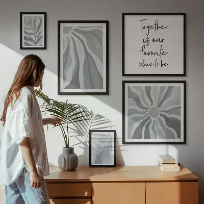 Set van moderne schilderijen met abstracte grijze en witte patronen