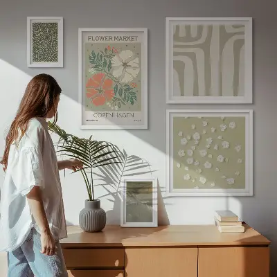 Set van moderne schilderijen met boho plantenmotieven