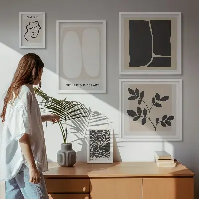 Set van moderne schilderijen met een stijlvol grafisch minimalistisch lijnenspel