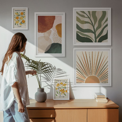 Moderne schilderijen set Stijlvolle plantgrafiek met geometrische vormen