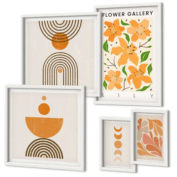Moderne schilderijen set met stijlvolle bloemen en geometrische patronen