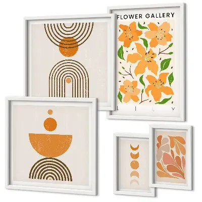 Moderne schilderijen set met stijlvolle bloemen en geometrische patronen