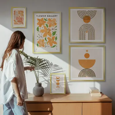 Moderne schilderijen set met stijlvolle bloemen en geometrische patronen