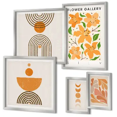 Moderne schilderijen set met stijlvolle bloemen en geometrische patronen