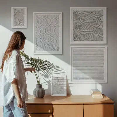 Set van moderne schilderijen met zandpatronen, structuren en geometrische vormen