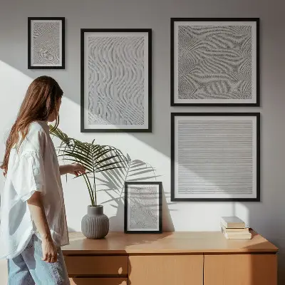 Set van moderne schilderijen met zandpatronen, structuren en geometrische vormen