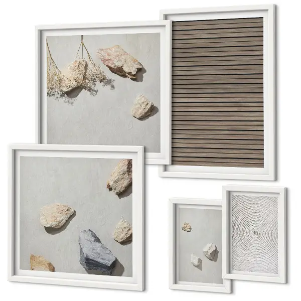 Wanddecoratie compositie natuurlijke texturen met hout en stenen