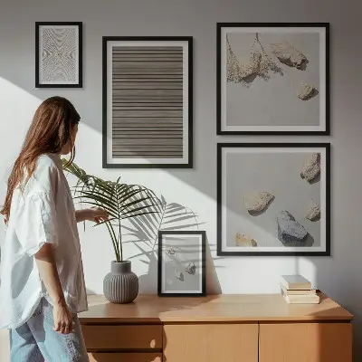 Wanddecoratie compositie natuurlijke texturen met hout en stenen