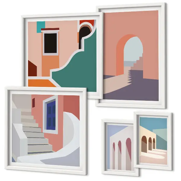 Galerijwand architectonische afbeeldingen in pastelkleuren
