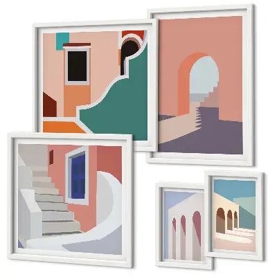 Gallery wall Pastelkleurige architectonische afbeeldingen