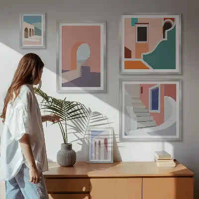 Galerijwand architectonische afbeeldingen in pastelkleuren