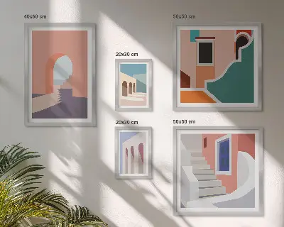 Galerijwand architectonische afbeeldingen in pastelkleuren