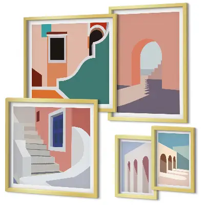 Galerijwand architectonische afbeeldingen in pastelkleuren