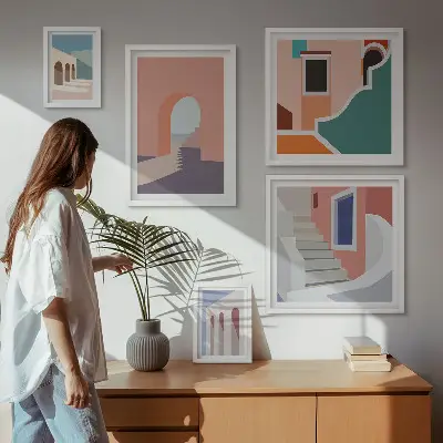 Galerijwand architectonische afbeeldingen in pastelkleuren