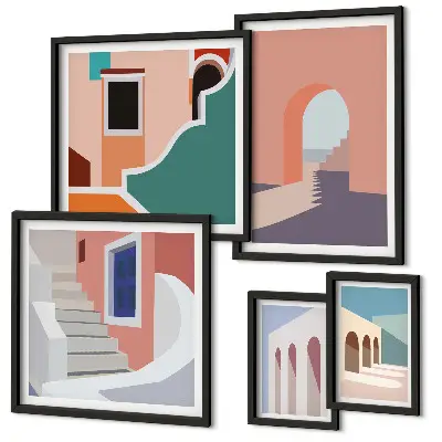 Galerijwand architectonische afbeeldingen in pastelkleuren