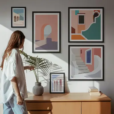 Galerijwand architectonische afbeeldingen in pastelkleuren