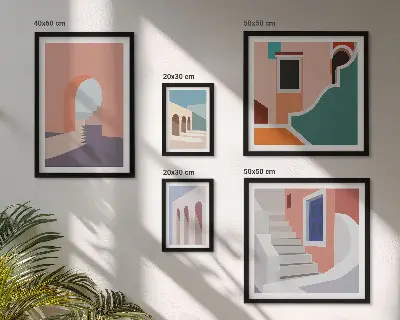 Galerijwand architectonische afbeeldingen in pastelkleuren