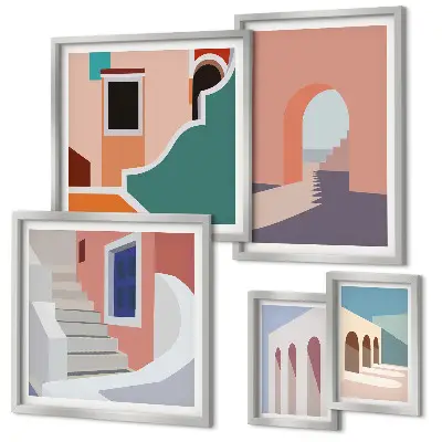 Galerijwand architectonische afbeeldingen in pastelkleuren