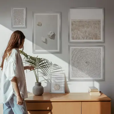 Set van moderne schilderijen met lichte boho zandtexturen