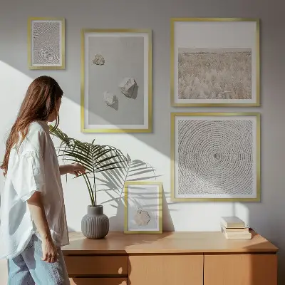 Set van moderne schilderijen met lichte boho zandtexturen