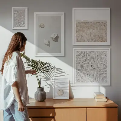 Set van moderne schilderijen met lichte boho zandtexturen