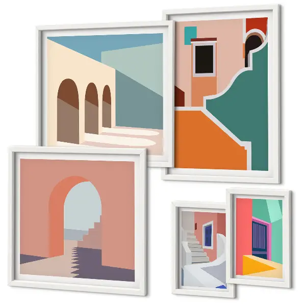 Set van moderne schilderijen met kleurrijke illustraties van gebouwen
