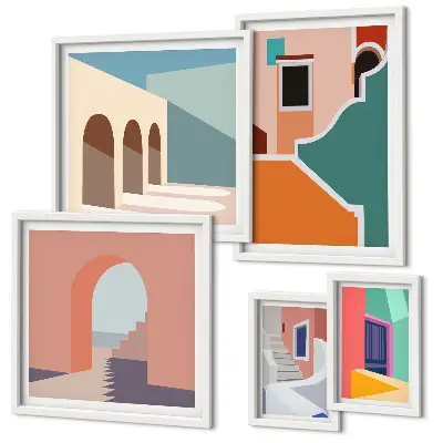 Moderne schilderijen set Kleurrijke illustraties van gebouwen