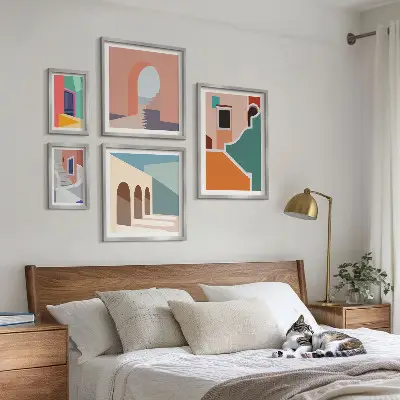 Set van moderne schilderijen met kleurrijke illustraties van gebouwen