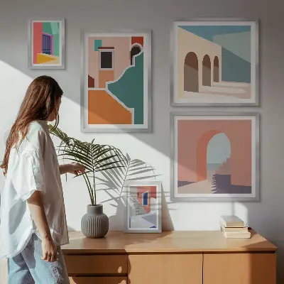 Set van moderne schilderijen met kleurrijke illustraties van gebouwen