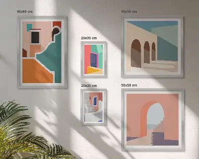 Set van moderne schilderijen met kleurrijke illustraties van gebouwen