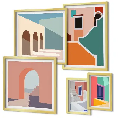 Set van moderne schilderijen met kleurrijke illustraties van gebouwen