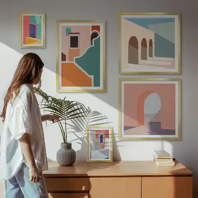 Set van moderne schilderijen met kleurrijke illustraties van gebouwen