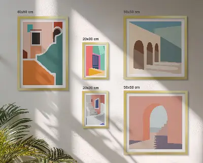 Set van moderne schilderijen met kleurrijke illustraties van gebouwen