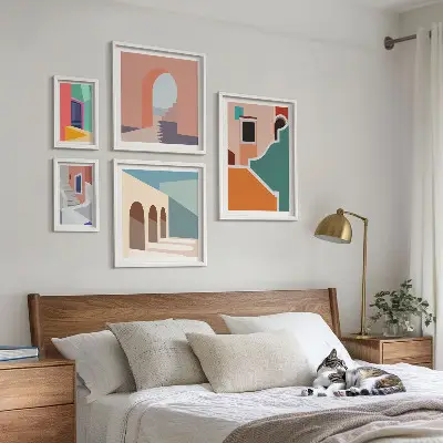 Set van moderne schilderijen met kleurrijke illustraties van gebouwen