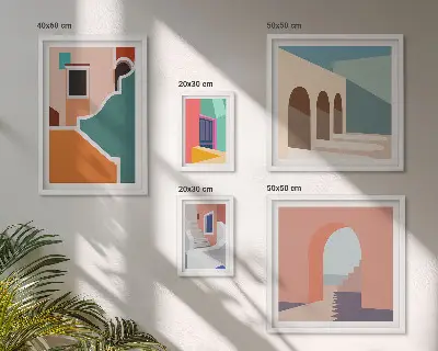 Set van moderne schilderijen met kleurrijke illustraties van gebouwen