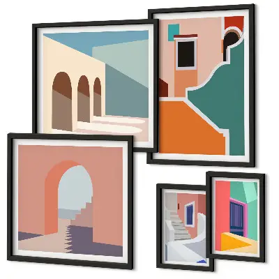 Set van moderne schilderijen met kleurrijke illustraties van gebouwen