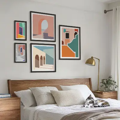 Set van moderne schilderijen met kleurrijke illustraties van gebouwen