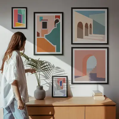 Set van moderne schilderijen met kleurrijke illustraties van gebouwen