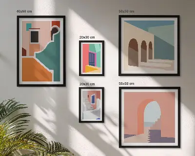 Set van moderne schilderijen met kleurrijke illustraties van gebouwen