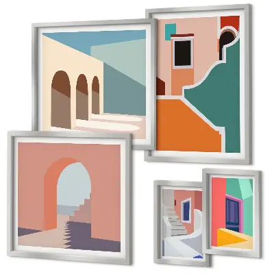 Set van moderne schilderijen met kleurrijke illustraties van gebouwen