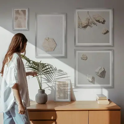 Wanddecoratie compositie met subtiele boho-texturen in natuurlijke stijl