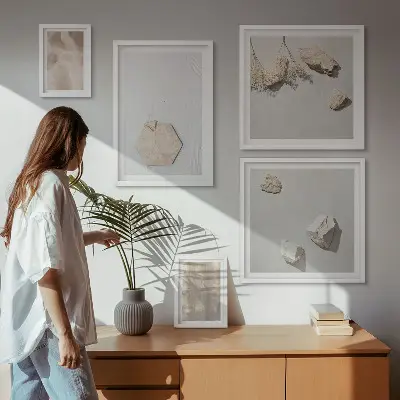 Wanddecoratie compositie met subtiele boho-texturen in natuurlijke stijl