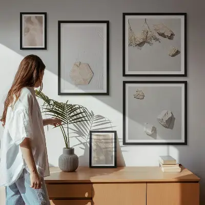 Wanddecoratie compositie met subtiele boho-texturen in natuurlijke stijl