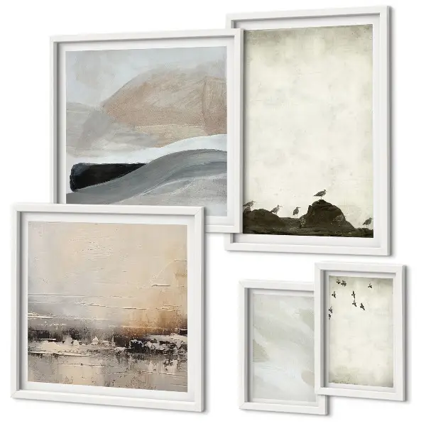 Wanddecoratie compositie met vogels, rotsen en penseelstreken als versiering