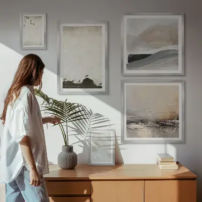 Wanddecoratie compositie met vogels, rotsen en penseelstreken als versiering
