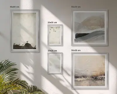 Wanddecoratie compositie met vogels, rotsen en penseelstreken als versiering