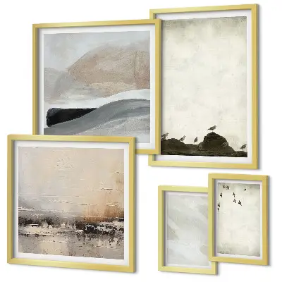 Wanddecoratie compositie met vogels, rotsen en penseelstreken als versiering
