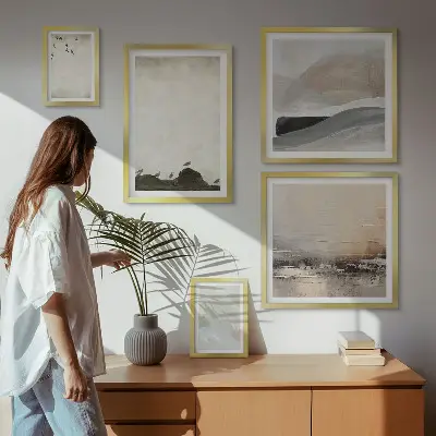 Wanddecoratie compositie met vogels, rotsen en penseelstreken als versiering